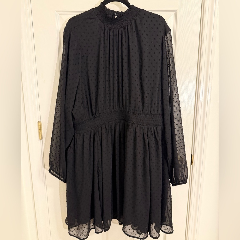 Torrid Black Textured Dress with Smocked Neckline and sheer Long Sleeves